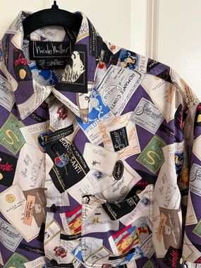 Vintage 1994 100% silk Nicole Miller wine label print shirt collectible